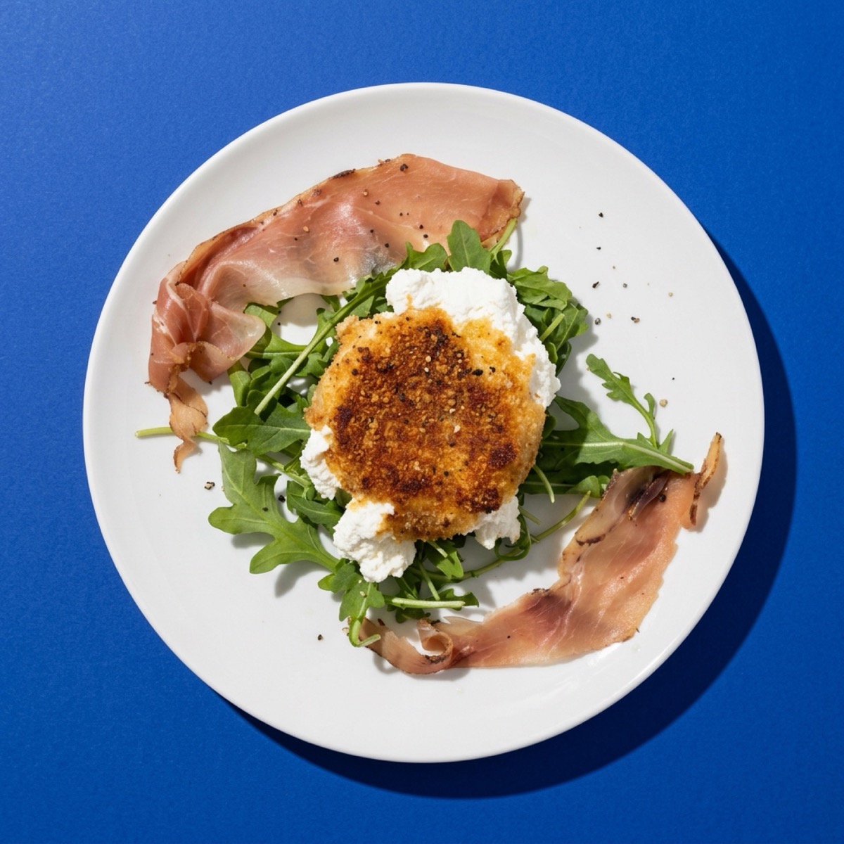 Breaded goat cheese on arugula with prosciutto