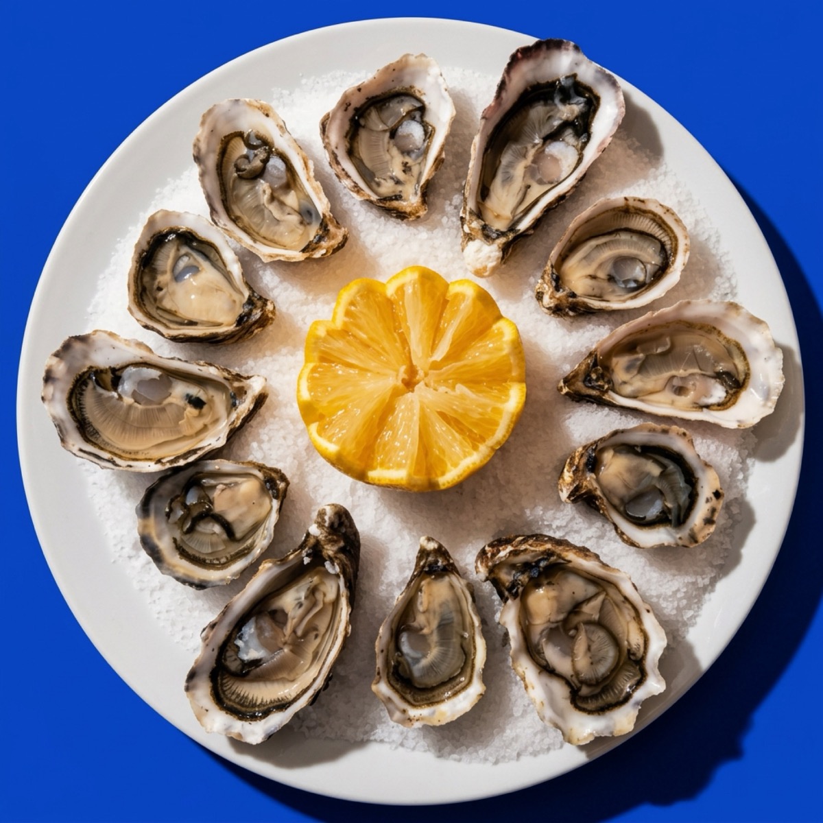 Oysters on the half shell arranged around lemon