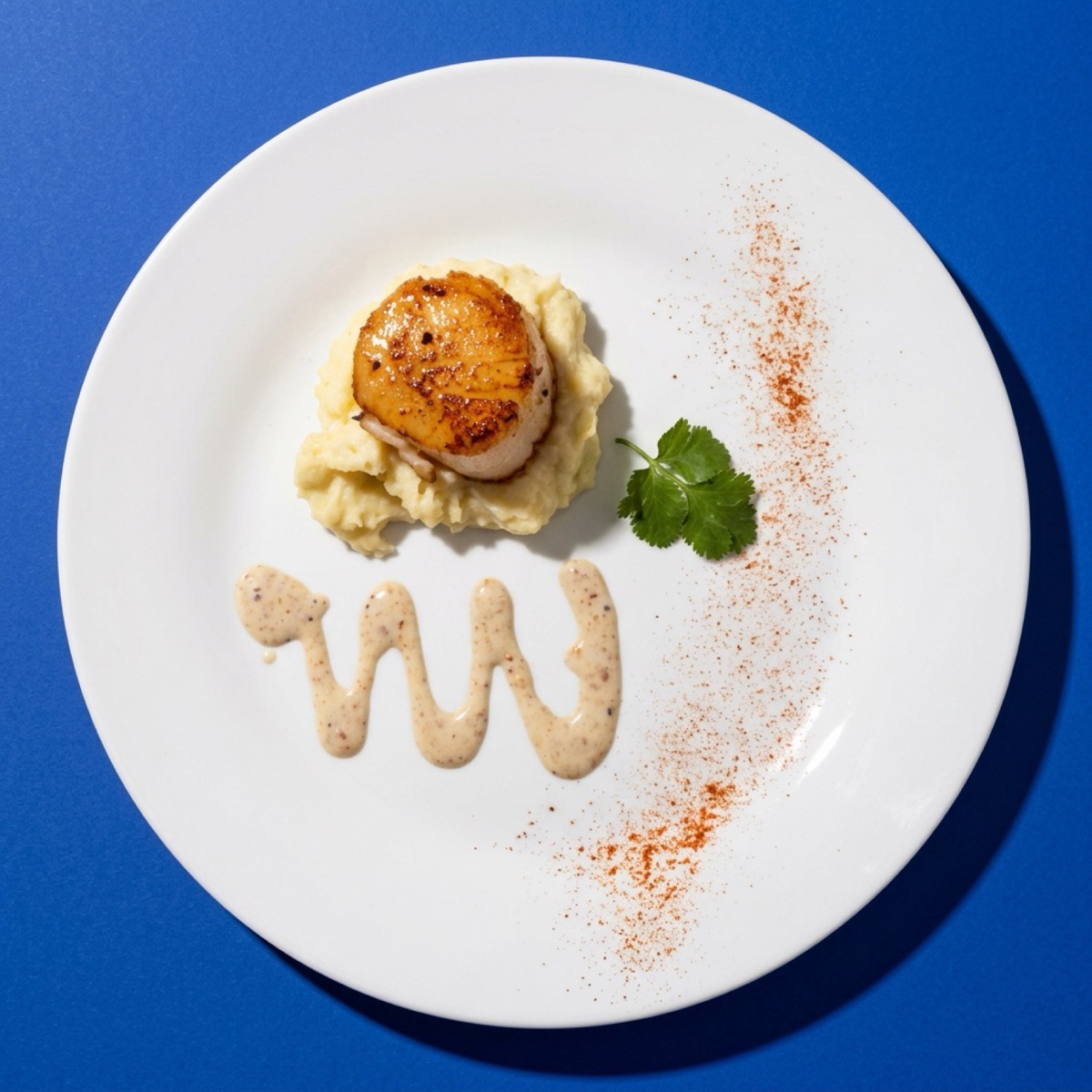 Single seared scallop on cauliflower purée with sauce